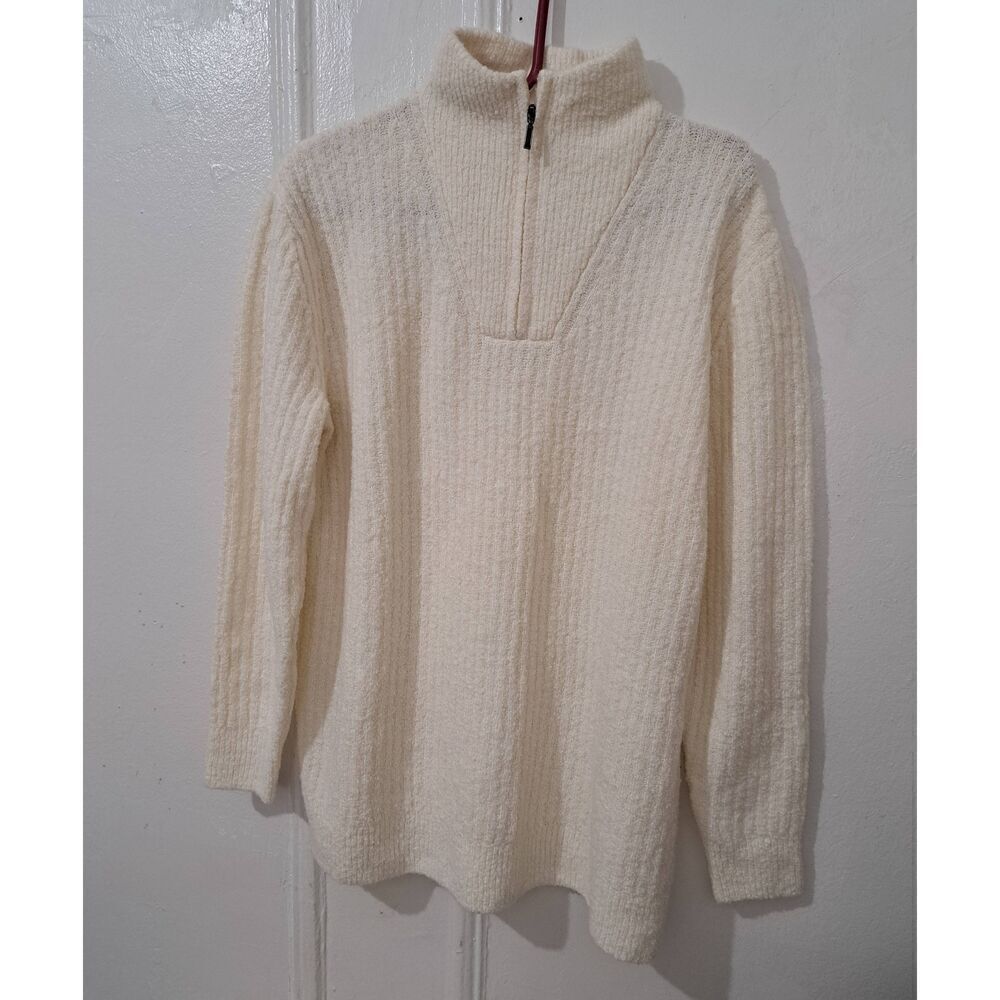 Ll bean womens large BOUCLE TEDDY sweater Ivory wool nylon mock neck teddy